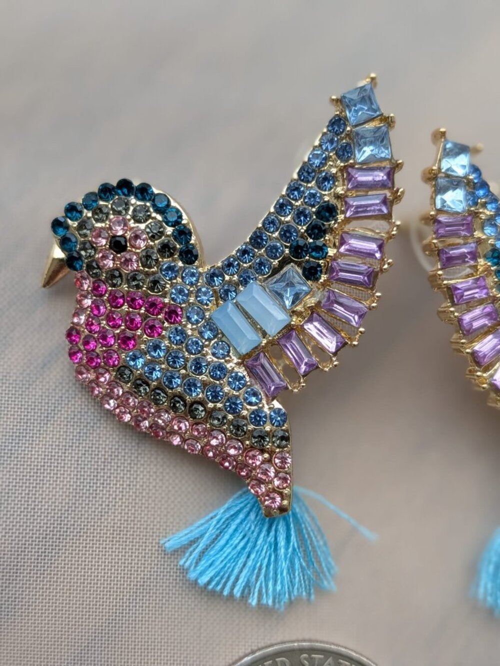 Colorful Bird Statement Earrings | Rhinestone Gold Tone | Boho Glam - Picture 2 of 3